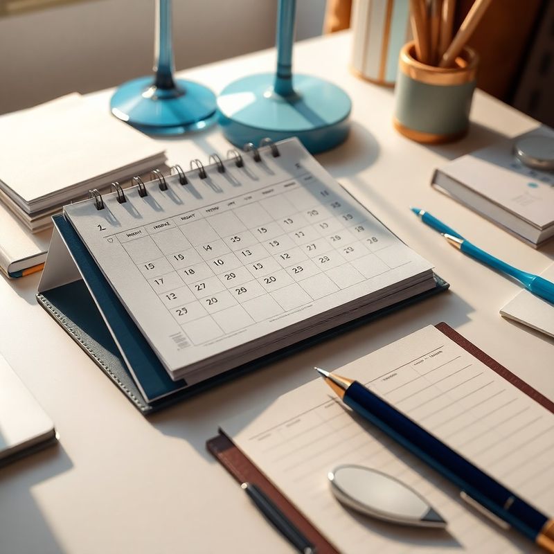 Calendar și listă de verificare pe birou, cu accente albastru azur
